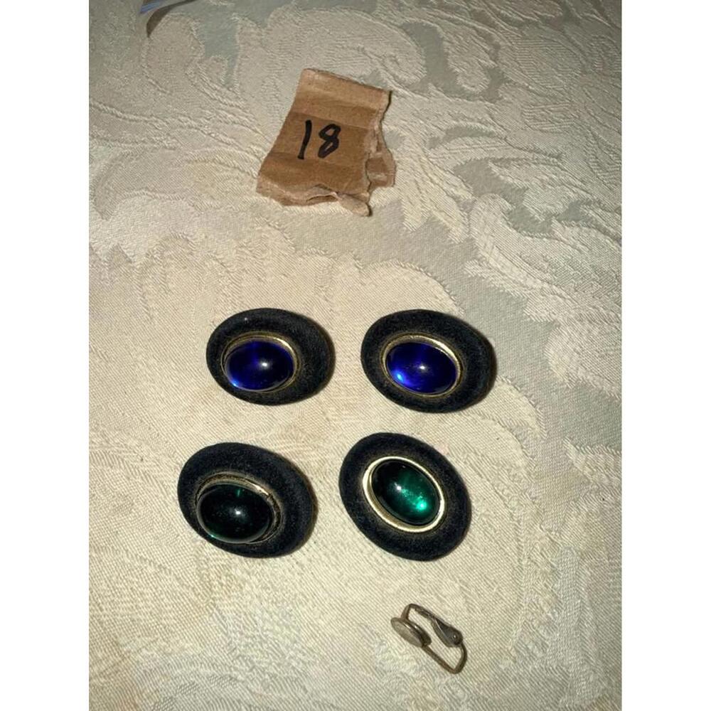 Vintage Clip-On Earrings Blue‎ Green Stones